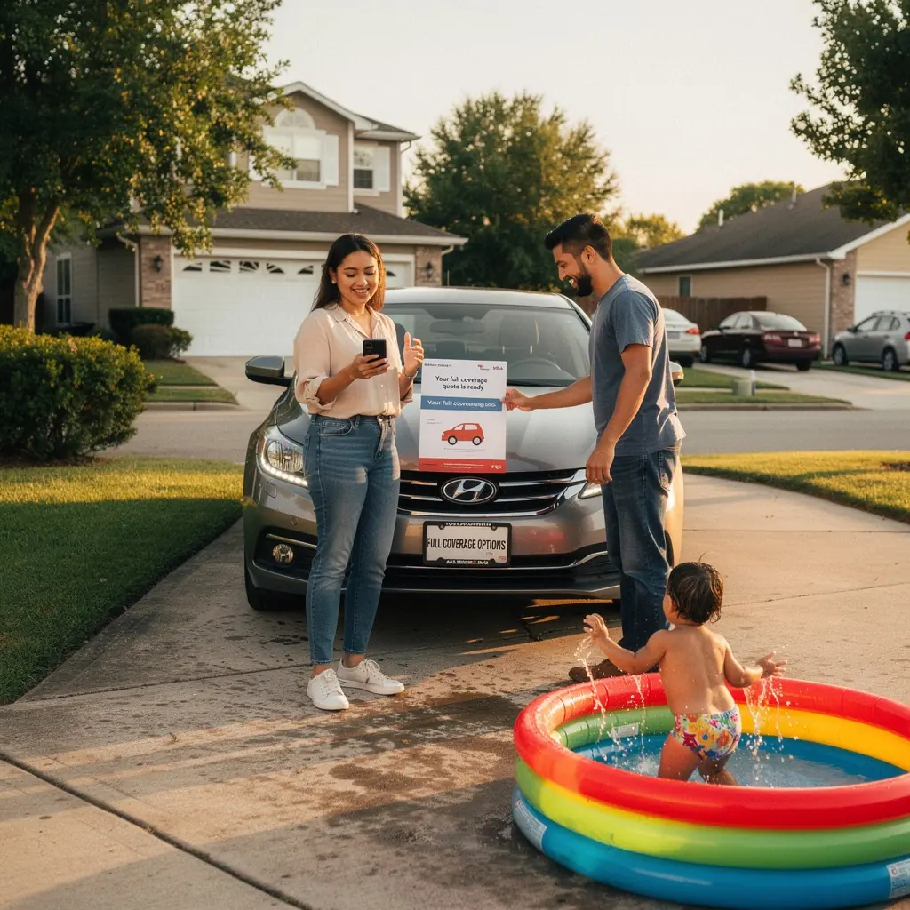 Автомобиль на дороге с защищенным знаком, символизирующим страхование.